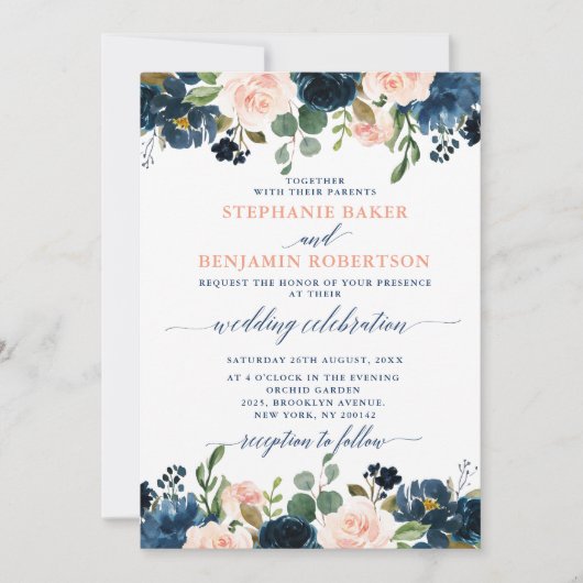 Navy Blue Blush Pink Rose Boho Wedding Kaart (Voorkant)