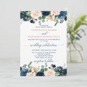 Navy Blue Blush Pink Rose Boho Wedding Kaart (Staand voorkant)