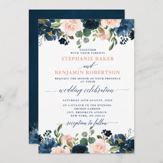 Navy Blue Blush Pink Rose Boho Wedding Kaart (Voorkant / Achterkant)