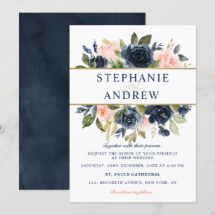 Navy Blue Blush Pink Rose Boho Wedding Kaart