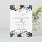Navy Blue Blush Pink Rose Boho Wedding Kaart (Staand voorkant)