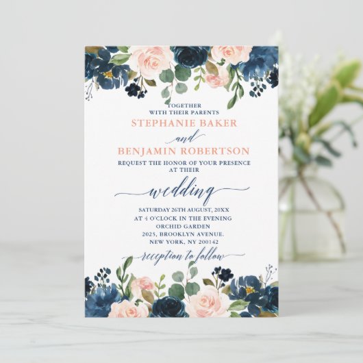 Navy Blue Blush Pink Rose Boho Wedding Kaart (Staand voorkant)