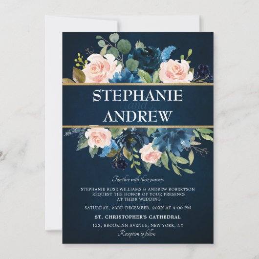 Navy Blue Blush Pink Rose Boho Wedding Kaart (Voorkant)