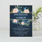 Navy Blue Blush Pink Rose Boho Wedding Kaart (Staand voorkant)
