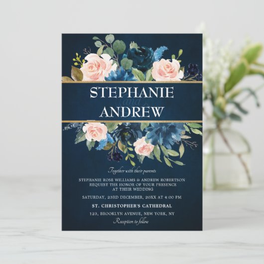Navy Blue Blush Pink Rose Boho Wedding Kaart (Staand voorkant)