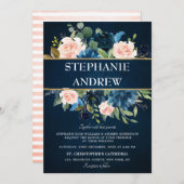 Navy Blue Blush Pink Rose Boho Wedding Kaart (Voorkant / Achterkant)