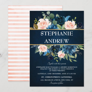 Navy Blue Blush Pink Rose Boho Wedding Kaart