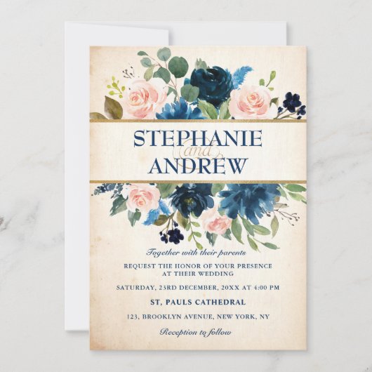 Navy Blue Blush Pink Rose Boho Wedding Kaart (Voorkant)