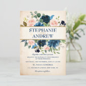 Navy Blue Blush Pink Rose Boho Wedding Kaart (Staand voorkant)