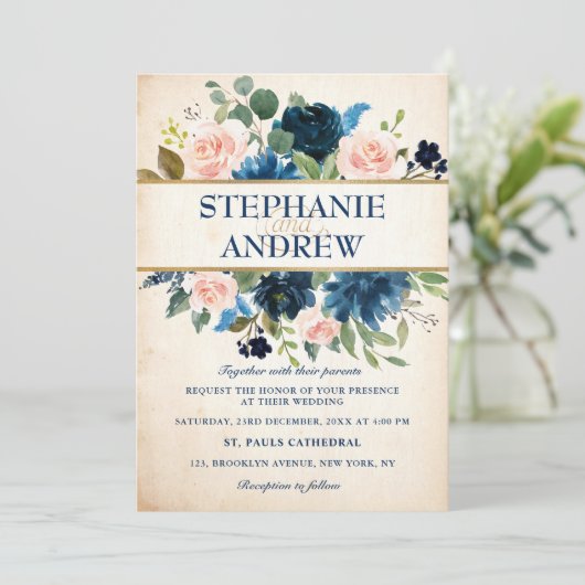 Navy Blue Blush Pink Rose Boho Wedding Kaart (Staand voorkant)