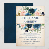 Navy Blue Blush Pink Rose Boho Wedding Kaart (Voorkant / Achterkant)