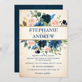 Navy Blue Blush Pink Rose Boho Wedding Kaart