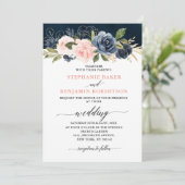 Navy Blue Blush Pink Rose Boho Wedding Kaart (Staand voorkant)