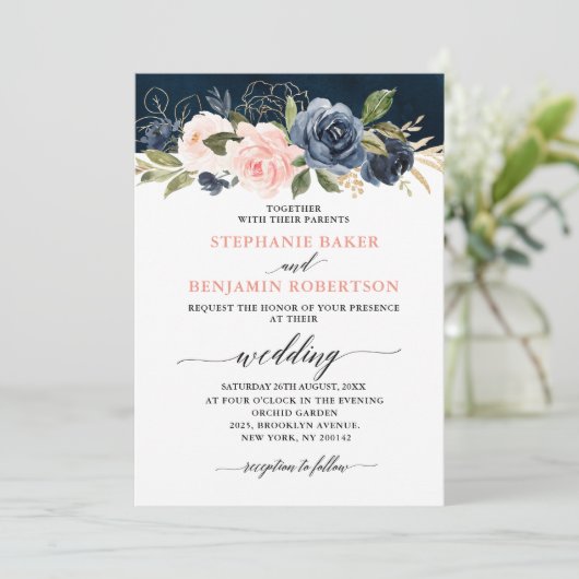Navy Blue Blush Pink Rose Boho Wedding Kaart (Staand voorkant)