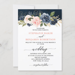 Navy Blue Blush Pink Rose Boho Wedding Kaart