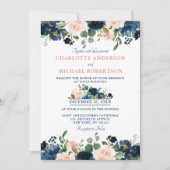 Navy Blue Blush Pink Rose Boho Wedding Kaart (Voorkant)