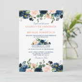 Navy Blue Blush Pink Rose Boho Wedding Kaart (Staand voorkant)