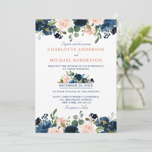 Navy Blue Blush Pink Rose Boho Wedding Kaart (Staand voorkant)