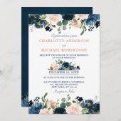 Navy Blue Blush Pink Rose Boho Wedding Kaart (Voorkant / Achterkant)
