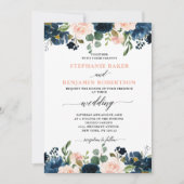 Navy Blue Blush Pink Rose Boho Wedding Kaart (Voorkant)