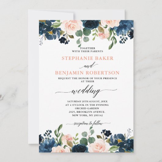 Navy Blue Blush Pink Rose Boho Wedding Kaart (Voorkant)
