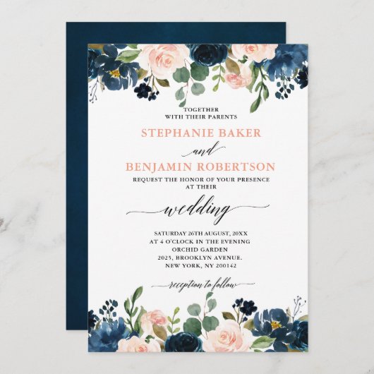 Navy Blue Blush Pink Rose Boho Wedding Kaart (Voorkant / Achterkant)