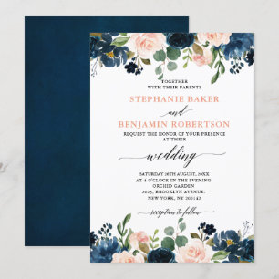 Navy Blue Blush Pink Rose Boho Wedding Kaart