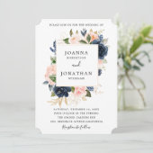 Navy Blue Blush Pink Rose Boho Wedding Kaart (Staand voorkant)