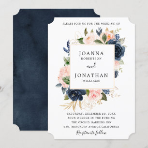 Navy Blue Blush Pink Rose Boho Wedding Kaart