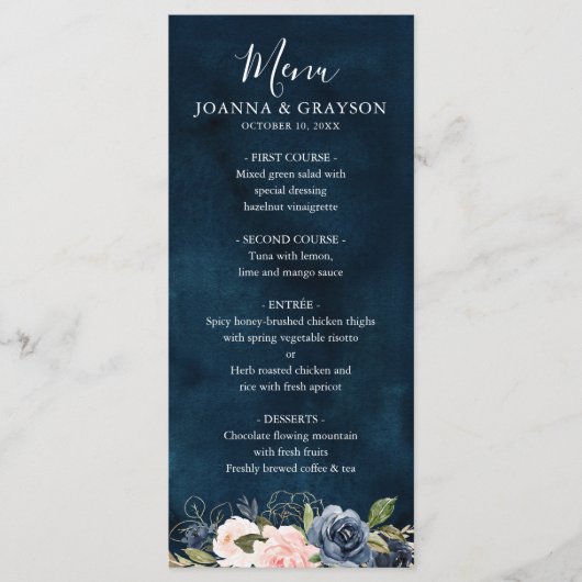 Navy Blue Blush Pink Rose Boho Wedding Menu (Voorkant)
