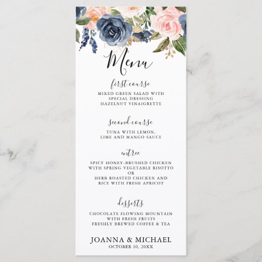 Navy Blue Blush Pink Rose Boho Wedding Menu (Voorkant)