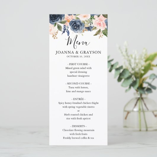 Navy Blue Blush Pink Rose Boho Wedding Menu (Staand voorkant)