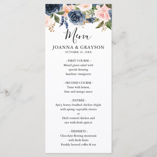Navy Blue Blush Pink Rose Boho Wedding Menu (Voorkant)