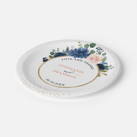 Navy Blue Blush Pink Rose Boho Wedding Papieren Bordje (Gekanteld)