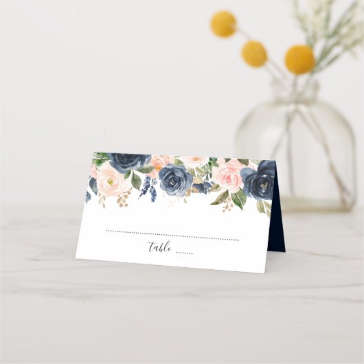 Navy Blue Blush Pink Rose Boho Wedding Plaatskaartje (Voorkant)