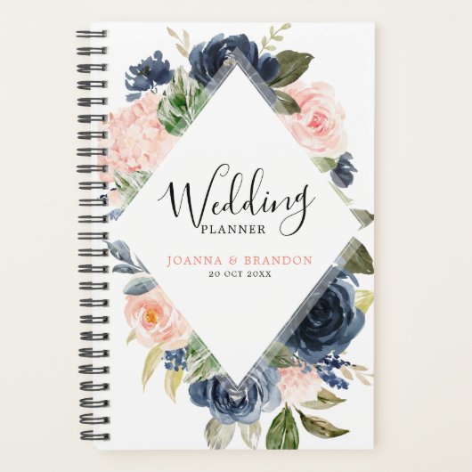 Navy Blue Blush Pink Rose Boho Wedding Planner (Voorkant)