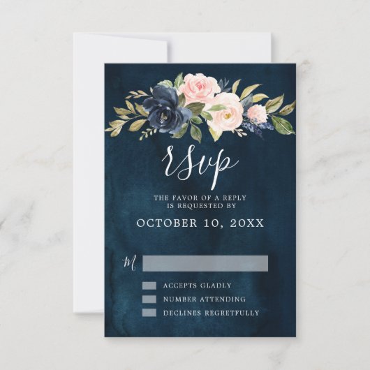 Navy Blue Blush Pink Rose Boho Wedding RSVP (Voorkant)