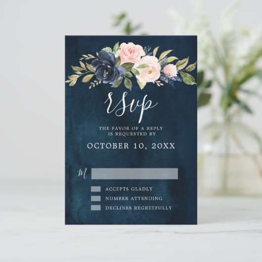 Navy Blue Blush Pink Rose Boho Wedding RSVP (Staand voorkant)