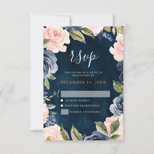 Navy Blue Blush Pink Rose Boho Wedding RSVP Kaartje (Voorkant)