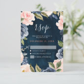 Navy Blue Blush Pink Rose Boho Wedding RSVP Kaartje (Staand voorkant)