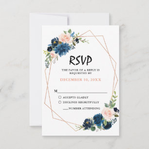 Navy Blue Blush Pink Rose Boho Wedding RSVP Kaartje