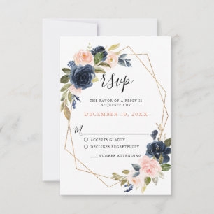 Navy Blue Blush Pink Rose Boho Wedding RSVP Kaartje