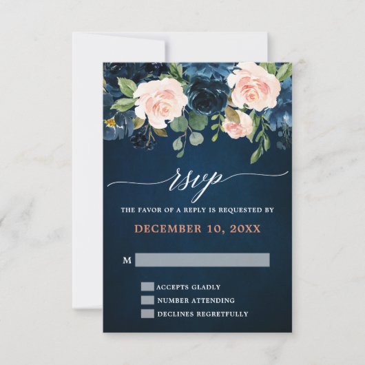 Navy Blue Blush Pink Rose Boho Wedding RSVP Kaartje (Voorkant)
