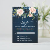 Navy Blue Blush Pink Rose Boho Wedding RSVP Kaartje (Staand voorkant)