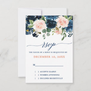 Navy Blue Blush Pink Rose Boho Wedding RSVP Kaartje