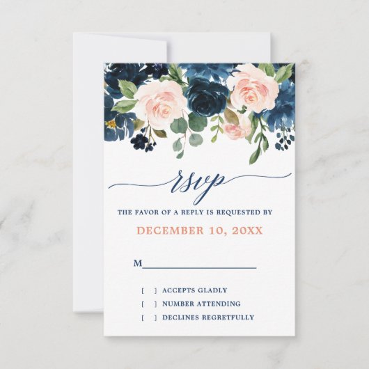 Navy Blue Blush Pink Rose Boho Wedding RSVP Kaartje (Voorkant)