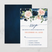Navy Blue Blush Pink Rose Boho Wedding RSVP Kaartje (Voorkant / Achterkant)
