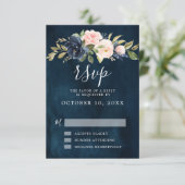Navy Blue Blush Pink Rose Boho Wedding RSVP Kaartje (Staand voorkant)