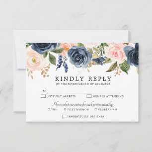 Navy Blue Blush Pink Rose Boho Wedding RSVP Kaartje