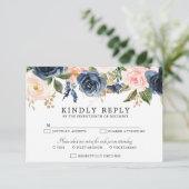 Navy Blue Blush Pink Rose Boho Wedding RSVP Kaartje (Staand voorkant)
